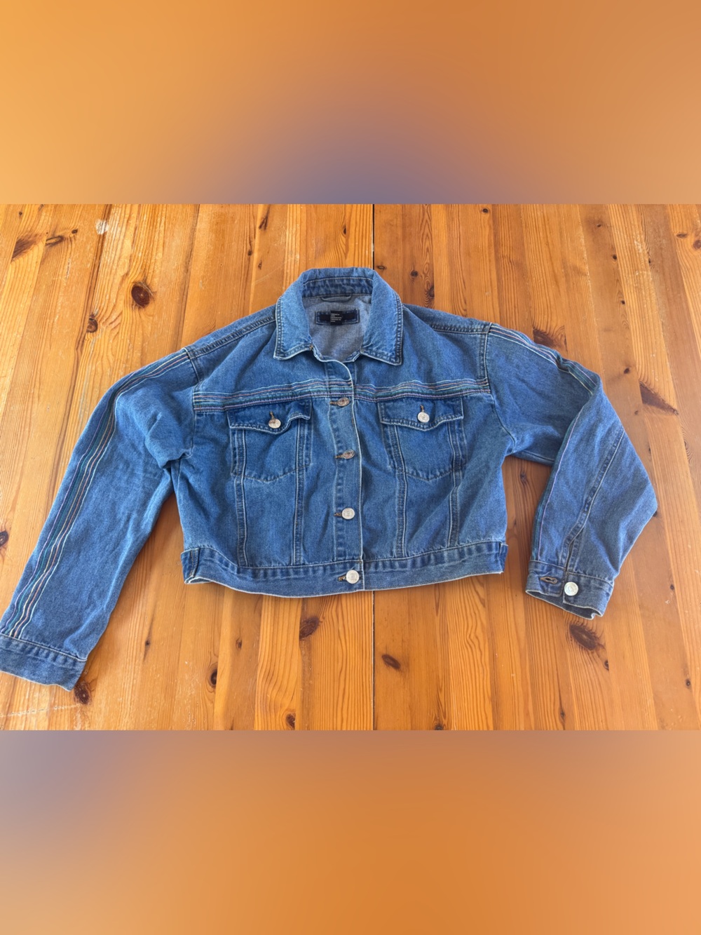 Forever 21 Light Blue Cropped Denim Jacket with Pastel Colored Topstitch Detail